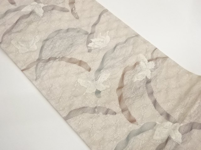 JAPANESE KIMONO / FUKURO OBI FOR SUMMER / WOVEN BUTTERFLY & ABSTRACT LEAF 